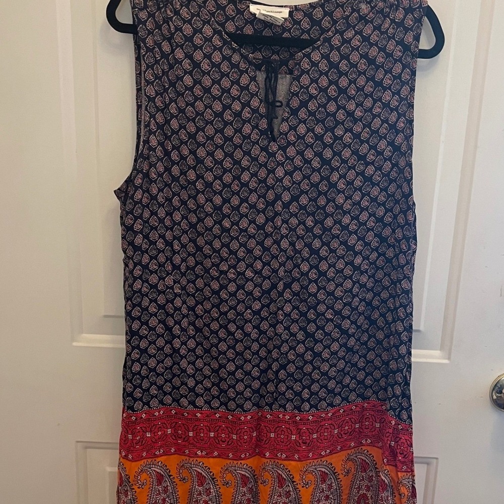 Beach Lunch Lounge XL Dress Rayon Boho Paisley Geometric Sleeveless Tassel Tie